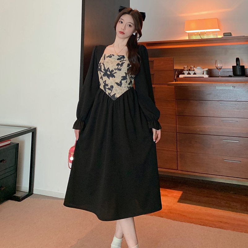 Fashion Lengan Panjang Gaun Wanita Midi Retro A-Line Cetak Dress Hitam