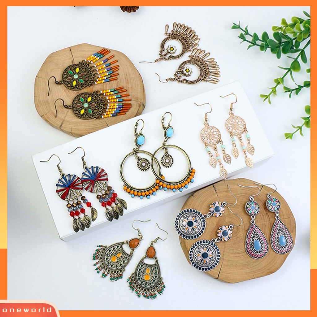 {oneworld} 1pasang Manik-Manik Multicolor Shiny Drop Earrings Bohemian Hollow Vintage Hook Earrings Perhiasan Pesta