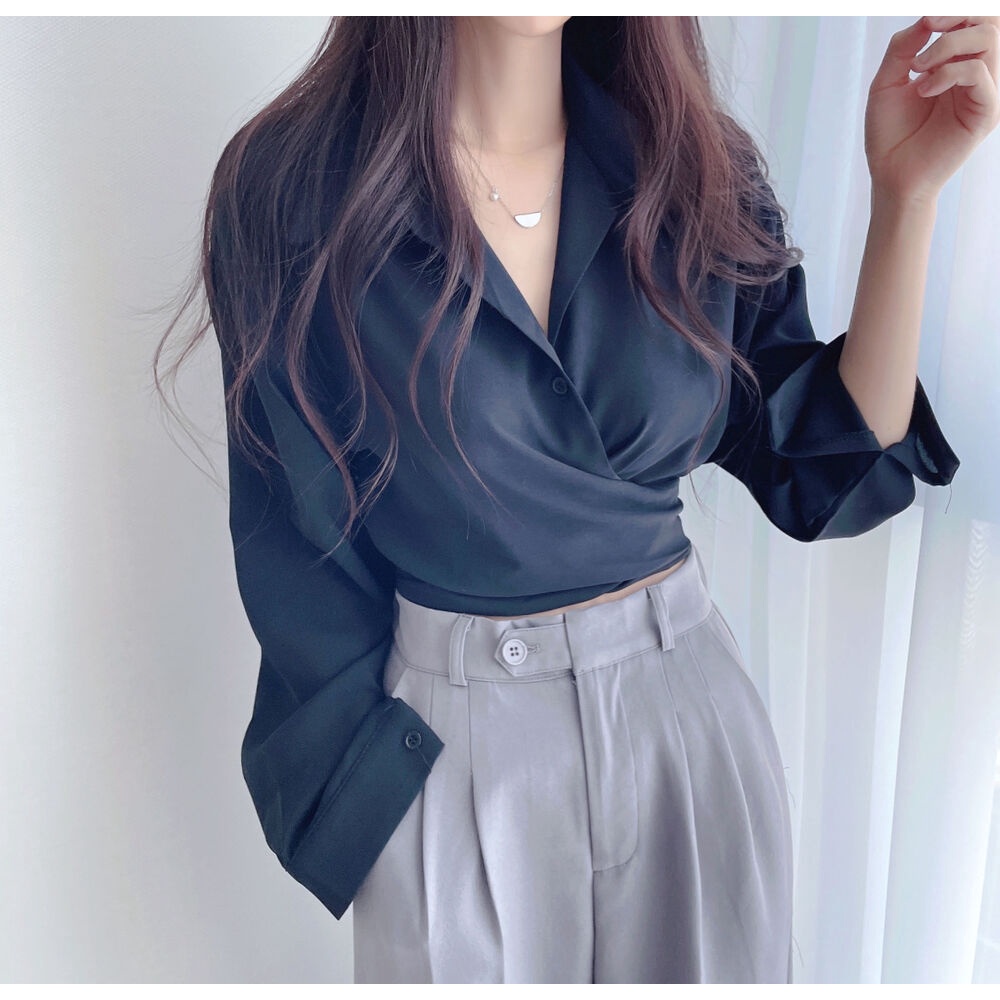 Wrap Top Wanita Hitam Blouse Crop Terbaru Korean Style Kemeja Polos Lengan Panjang