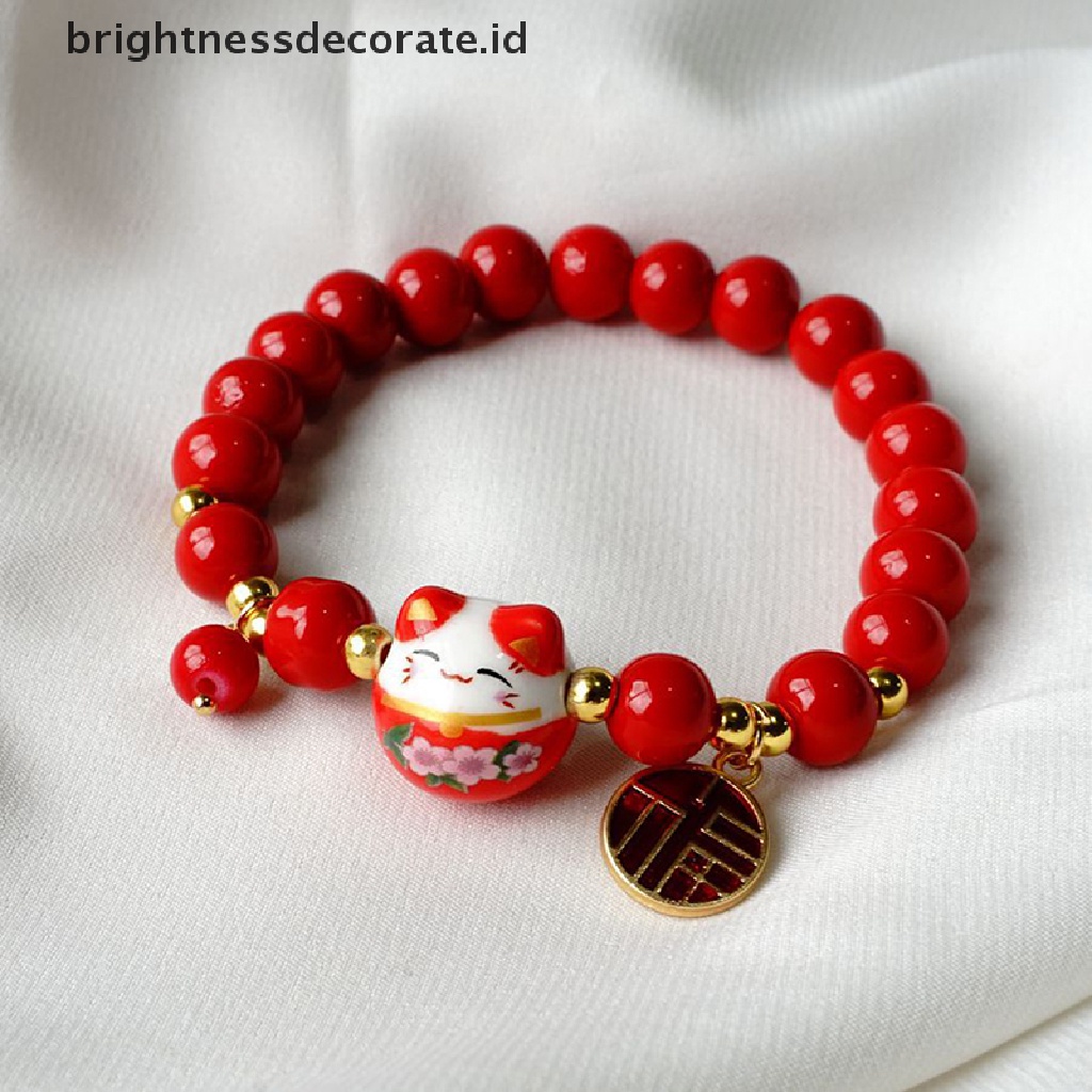 [Birth] Red Beads Ceramic Bracelet Gelang Tangan Anyaman Tali Manik Plutus Kucing Stretch [ID]