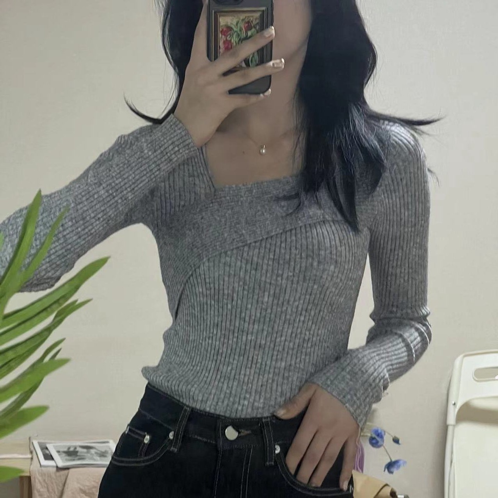 Red Keinginan murni untuk mengekspos tulang selangka temperamen tidak teratur rajutan sweater wanita musim gugur dan musim dingin rasa desain ceruk slim-pas sweater kemeja bagian dalam bottoming