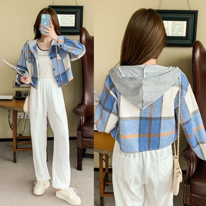 QUEEN SAKURA - Q3736B - TARTAN FLANNEL HOODIE  CROP OUTER IMPORT - CROP HOODIE FLANNEL TARTAN CASUAL