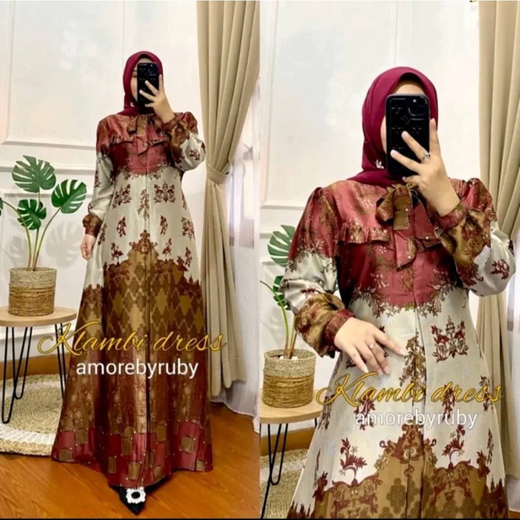 Amoreby Klambi Dress Wanita DiorSilk Gamis Terbaru Lengan Karet Panjang Maxidress Kerah Dasi Kekinian LD 110 cm
