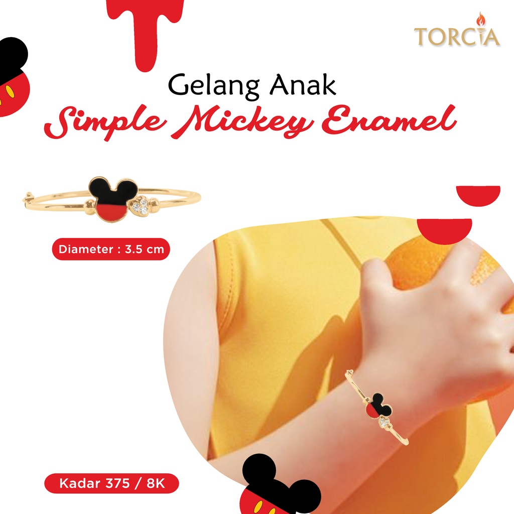 Gelang Bayi dan Anak Emas Asli Simple Mickey Enamel Kadar 375 Torcia