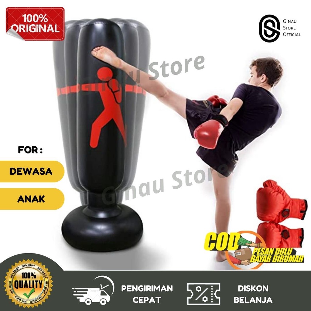 Tiang Samsak Tinju Berdiri Anak Dewasa Berkualitas Vertical Punching Bag MMA Muaythai Karate Stand Inflatable 1.6 m Free Repair Patch