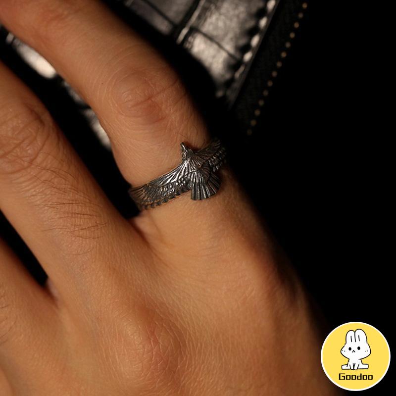 1PCS Cincin Perak Terbuka Thailand Vintage Elang Bulu Cincin Indeks Dapat disesuaikan -Doo