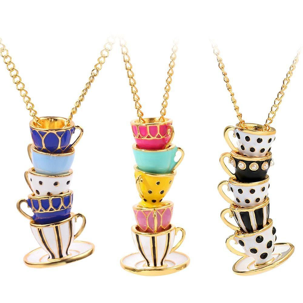 Rebuy Tea Cup Kalung Kreatif Hadiah Hari Valentine Enamel Perhiasan Aksesoris Pakaian Buatan Tangan Sweater Rantai Cangkir Kopi Liontin Kalung Panjang