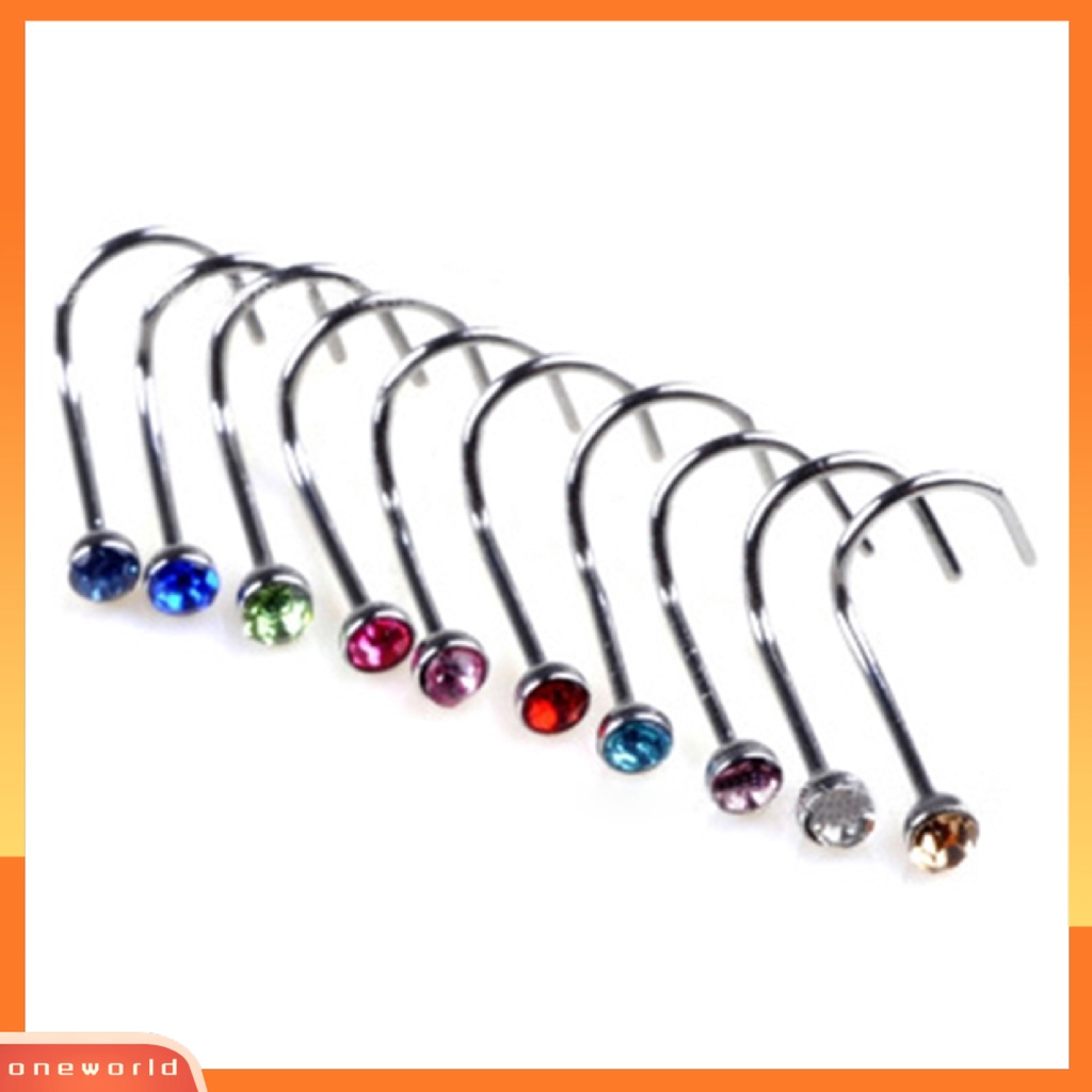 [oneworld] 10 Pcs Mixd Color Berlian Imitasi Kait Tulang Bar Pin Tindik Perhiasan Hidung Studs Rings