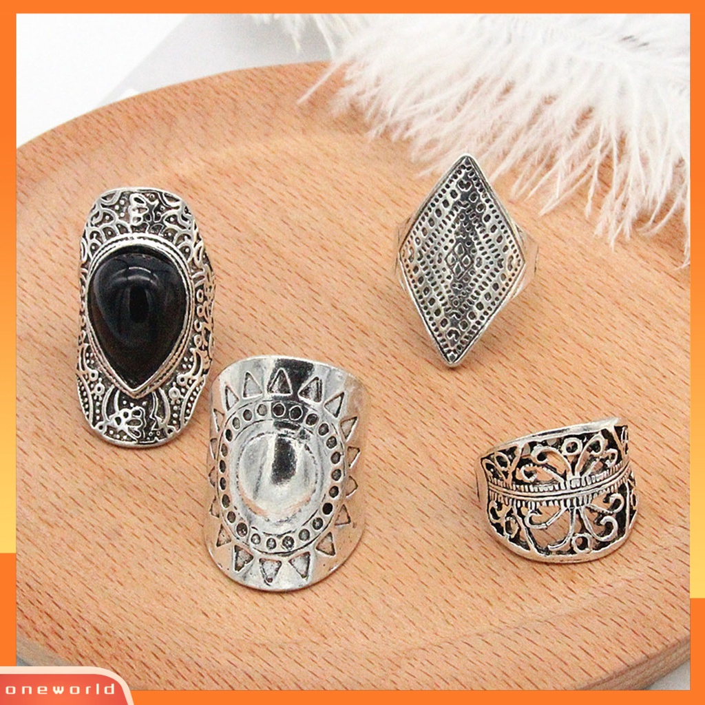 {oneworld} 4pcs/set Cincin Unisex Gaya Bohemian Tahan Aus Cincin Fidget Ringan Super Keren Untuk Pesta