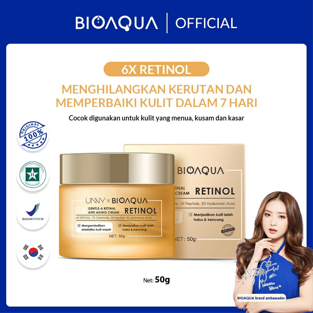 BIOAQUA 6X Gentle-A Retinol Cream Wajah Anti Aging Pelembab Wajah 50g Glowing Cream Krim With Retinol, Peptide, Ceramide,