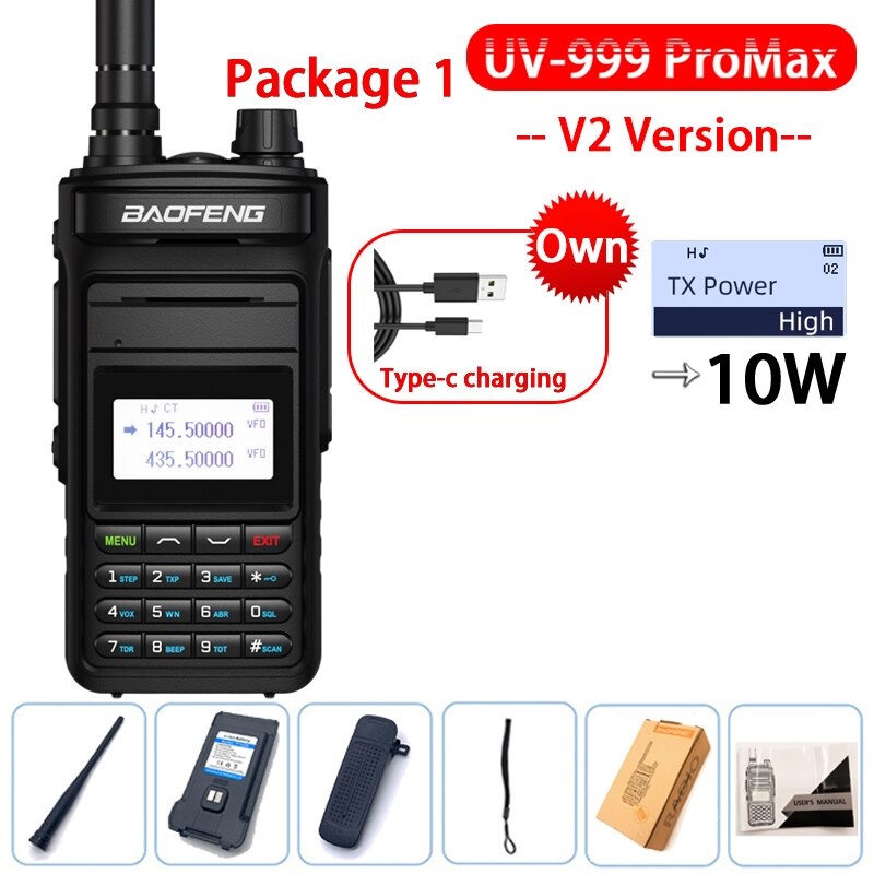 HT UV-999 PRO MAX Walkie Talkie Dual Band IPX4 Waterproof 10W