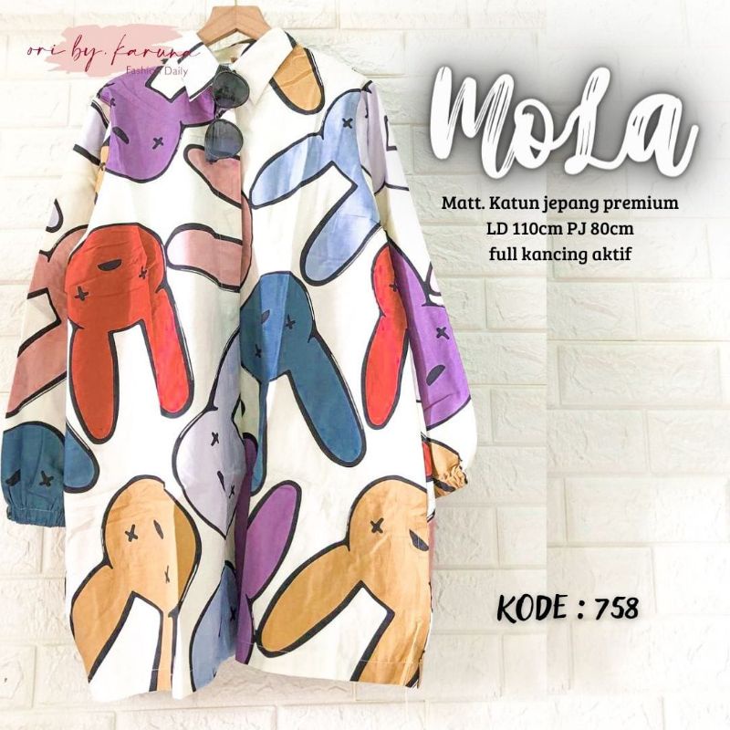 Mola Long Tunik Kemeja Katun Poplin Import Motif Bunga Ld 110 Jumbo Fit XXL Busui Kancing By Karuna 