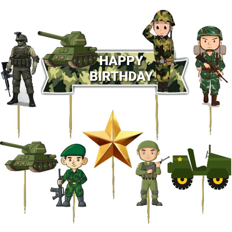 Topper Cake/Cupcake Tambah Nama, Hiasan Kue Ulang Tahun, Motif Tentara