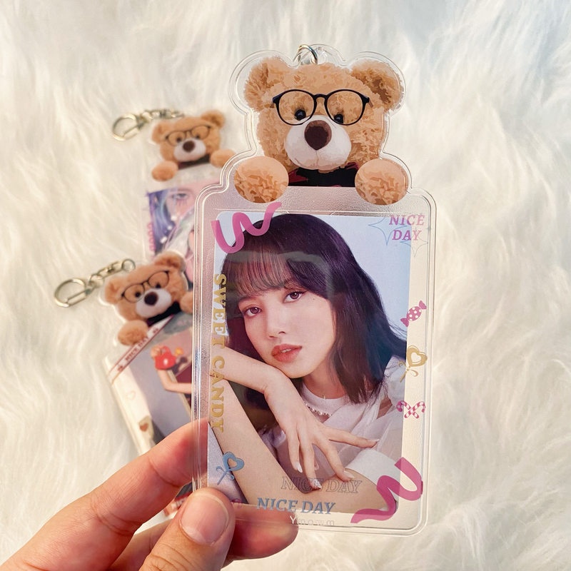 Kacamata Lucu Beruang Pemegang Kartu Kartun Photocard Pelindung Foto Pelindung Foto Idola Lengan ID Kartu Kredit Kartu Bank Liontin