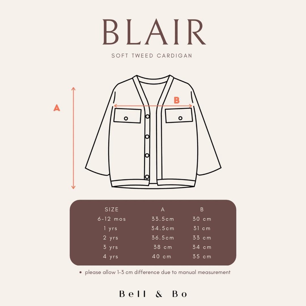 Blair Cardigan Bell and Bo / Cardigan Anak Perempuan / Cardigan Anak Tweed Katun Katun Katun SDA