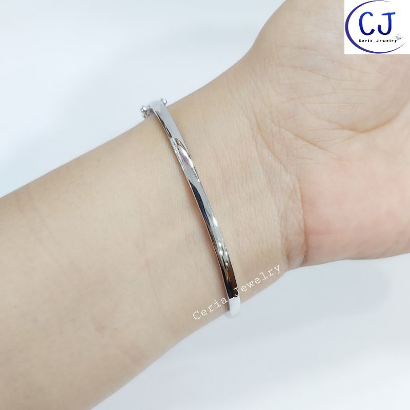 Gelang Bangle Wanita Perak Asli Silver 925 Lapis Emas Putih Model Oval Variasi Gelombang Permata Hitam Kombinasi Putih - Perhiasan Perak Asli