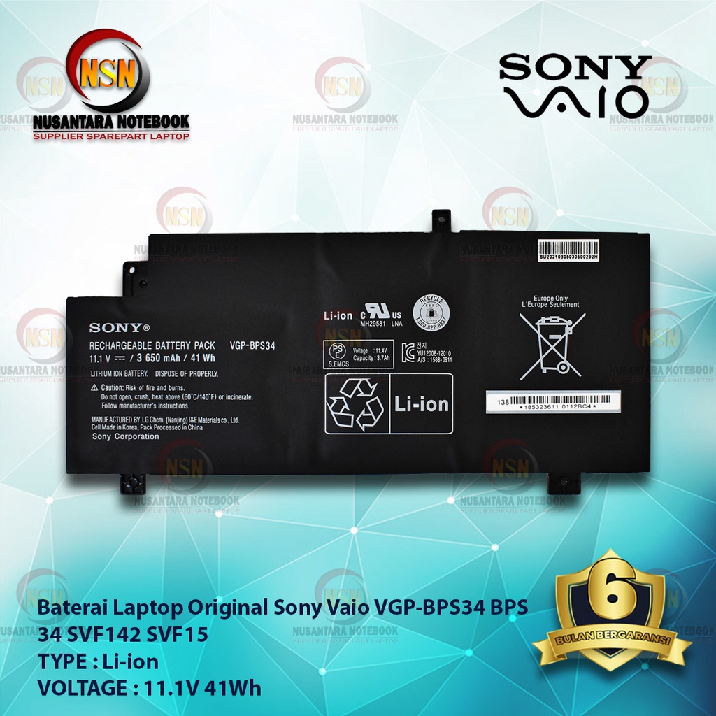 Baterai Original Sony Vaio VGP-BPS34 BPS 34 SVF142 SVF15 11.1V 41WH