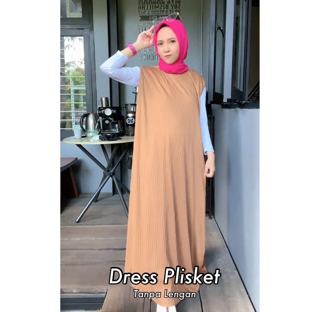 Long Dress Plisket Tanpa Lengan Wanita Muslimah