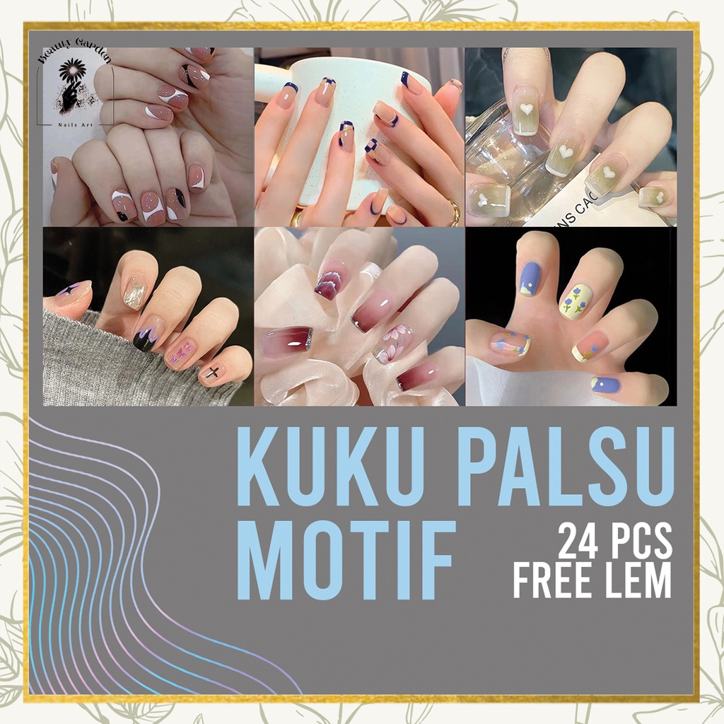 【 COD 】24PCS Kuku Palsu Non Box Free Lem Jelly/Fake Nail Art 3D Kuku Palsu tahan air Free lem cair 1gr