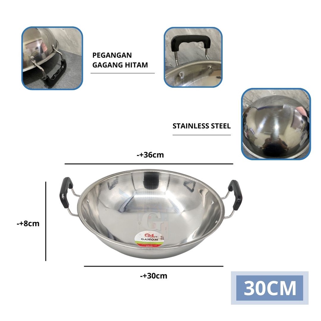 Wajan Penggorengan / Wok Pan / Kuali Penggorengan Stainless Steel 30Cm