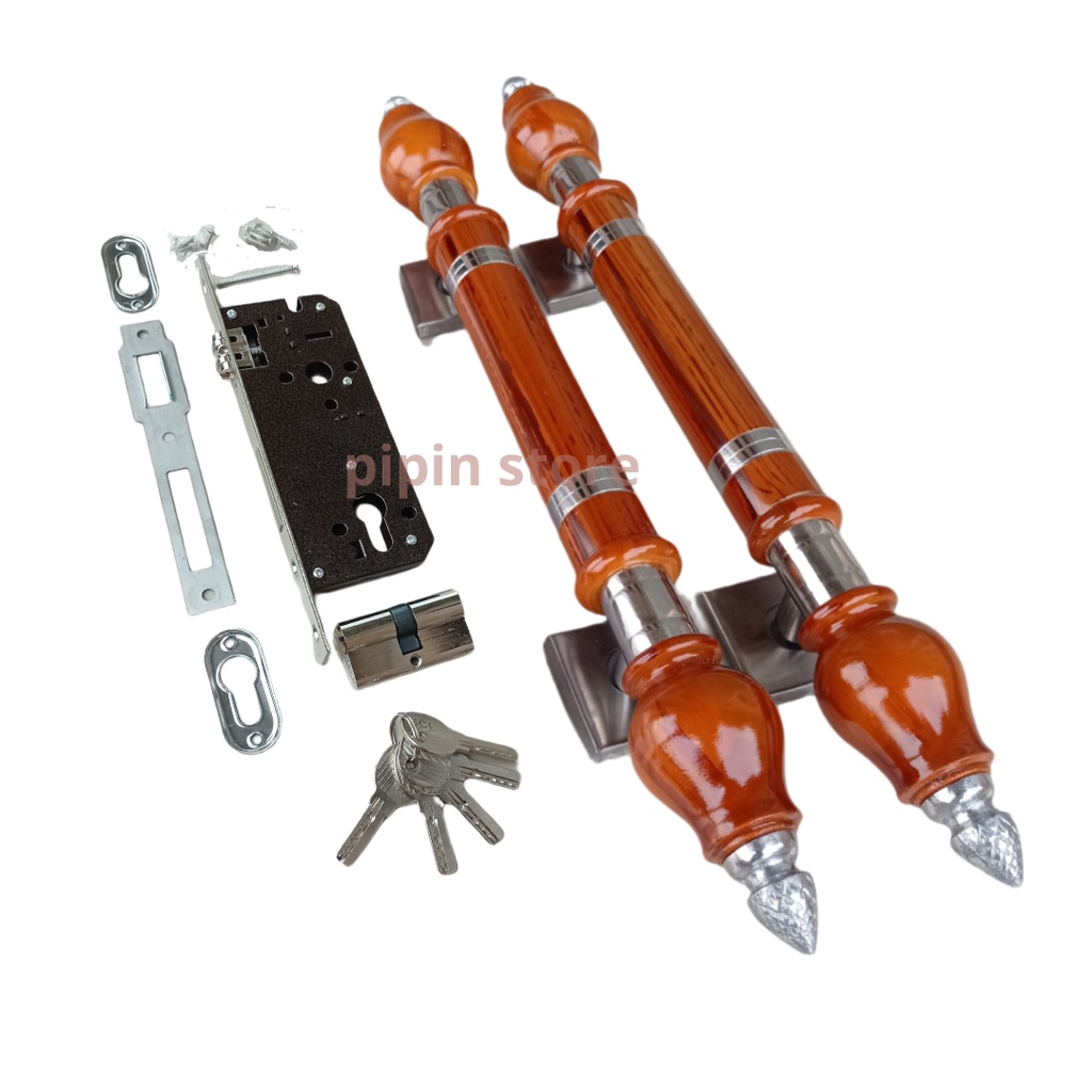 Paket Handle Gagang Pintu Rumah 2 Pintu Full set 45cm - Pegangan Tarikan Pintu Rumah 1 Set Kunci Lengkap - Handel Hendel Pintu Stainless Steel Mewah Model Bulat Kupu Tarung