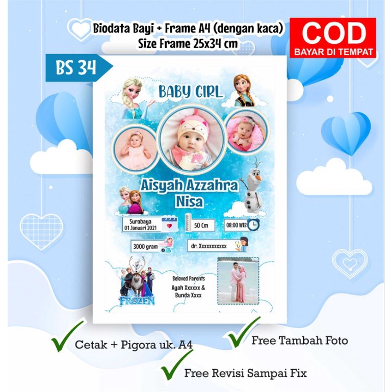

Biodata Bayi tema Frozen biru BS34 cetak+Frame A4 10RS Full. FREE PACKING