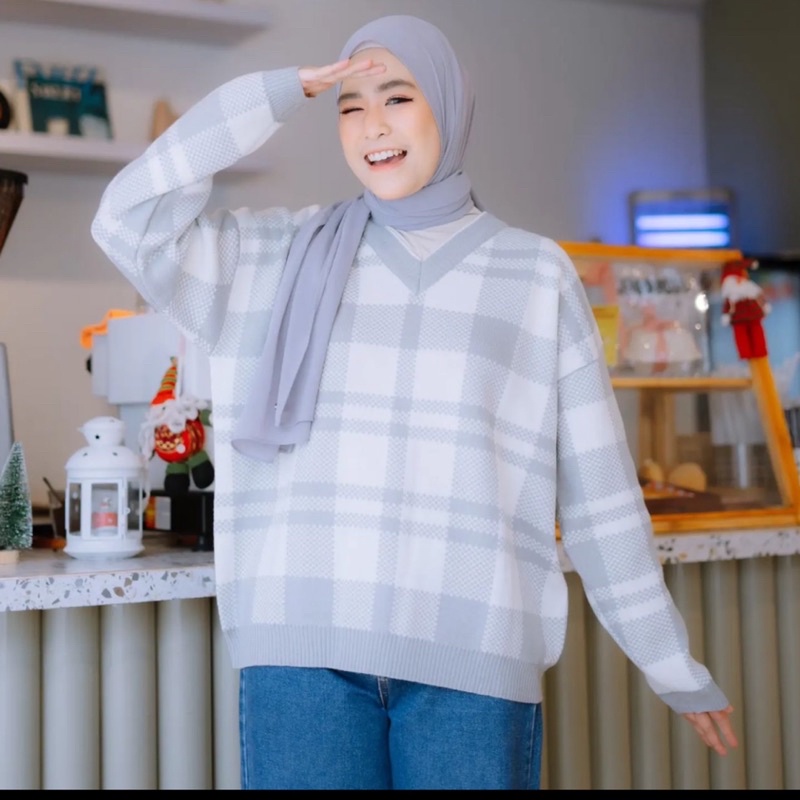 SWEATER RAJUT SQUARE GARIS | BLOUSE RAJUT LIDYA