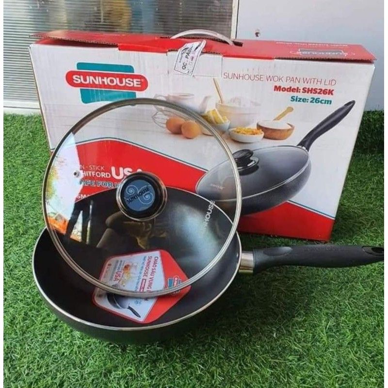 Sunhouse Wok Wajan Penggorengan Serbaguna Anti Lengket 26 cm Tutup Kaca SHS26K