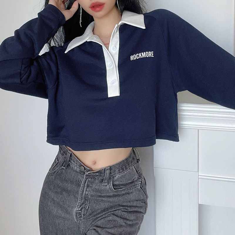 ○IAMHOTTY Gaya Korea Manis dan Pedas Warna Kontras Huruf Polo Kerah Tipis Sweater Wanita Awal Musim Gugur All-Match Atasan Kasual Longgar