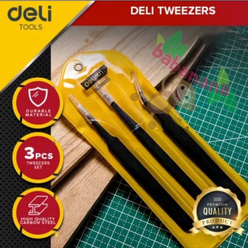 Deli DL396003 Hitam Tweezer Set Pinset isi 3 Stainless Steel Pencapit