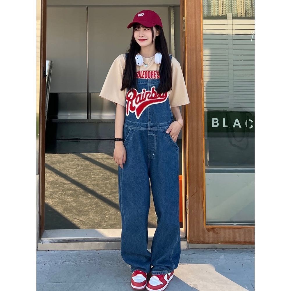 Red Denim Overall Wanita Pakaian Musim Semi 2022 Baru Retro Kartun Bordir Pengurangan Usia In Super Hot Lebar Kaki celana Panjang