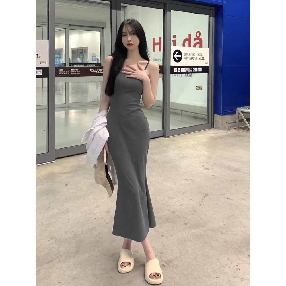 Red Sweet hot girl tanpa lengan keinginan murni temperamen suspender dress wanita musim gugur backless fishtail mid-length bottoming bag hip skirt