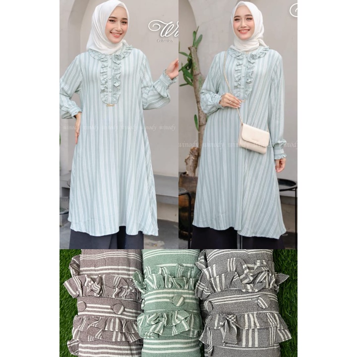 Winody  Baju Atasan Tunik Import Winody Salur Premium | Tunik Katun Polo Linen Import Korea | Tunik 