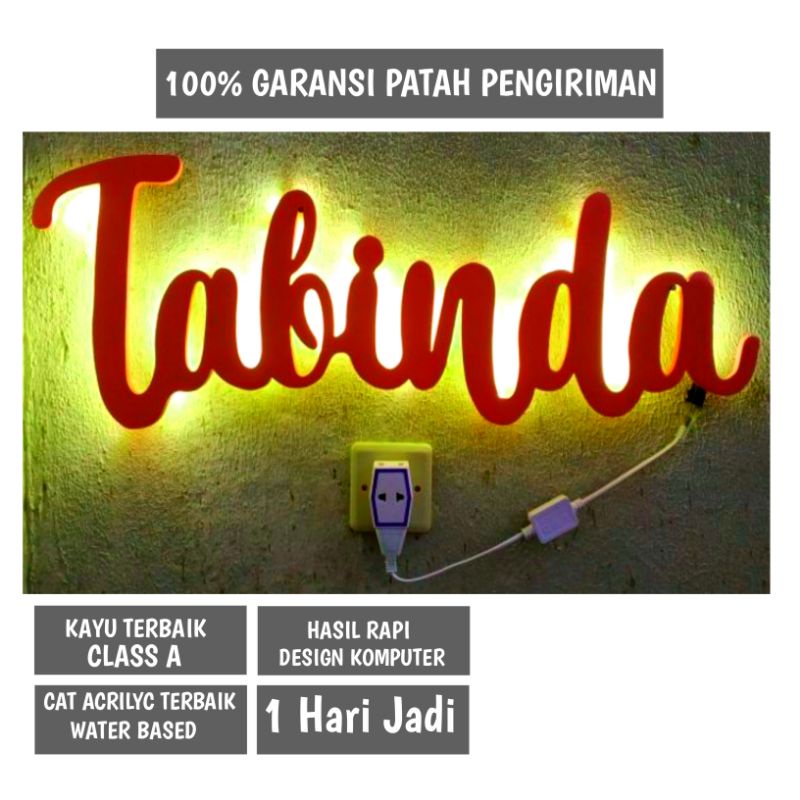 Kedai Hits -  Huruf Kayu Timbul Custom Nyala Lampu LED Hiasan Dinding Tinggi 10cm Sampai 20cm