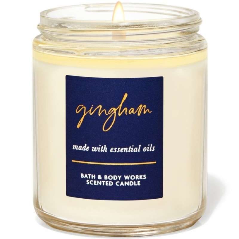 BATH &amp; BODY WORKS BBW GINGHAM MADE WITH ESSENTIAL OILS WHITE BARN 1 SINGLE WICK SCENTED CANDLE 198 G PENGHARUM RUANGAN