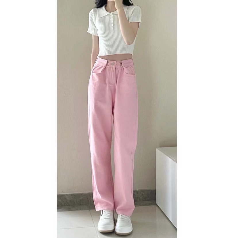 Pink Highwaist Lurus Kasual Loose Celana Jeans Wanita