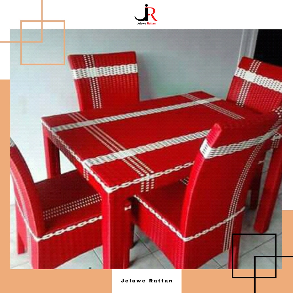 Meja Makan 4 Kursi Rotan Sintetis Fullset Bantal Jok