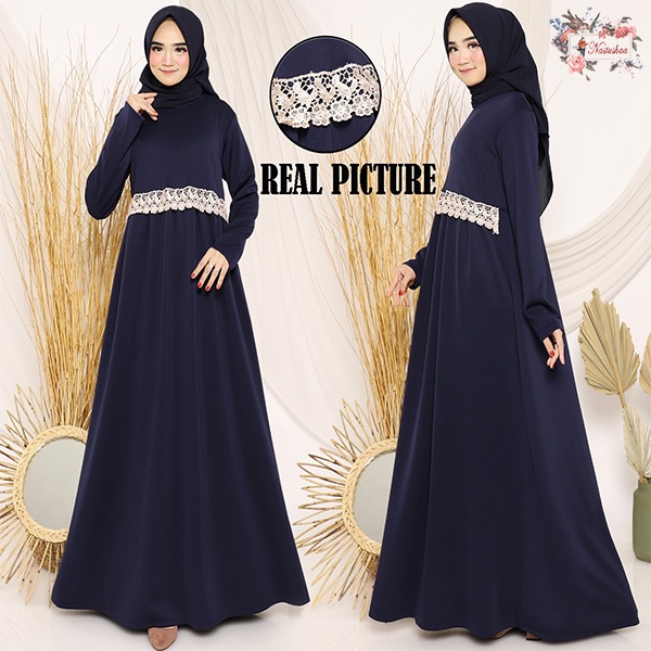 Gamis Syari Bahan Scuba Tebal | Gamis Maxy Variasi Renda | Long Dress Polos Resleting Belakang Baju Muslim Wanita Kekinian Elegan