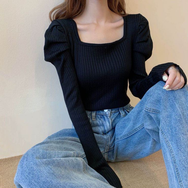 Red French square collar rajutan sweater wanita musim semi dan musim gugur baru ketat dalam sweater gaya wewangian kecil lengan panjang slim bottoming top