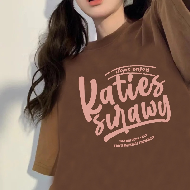 Brown Print T-shirt Kaos Lengan Pendek Pink English Oversize Korean Style