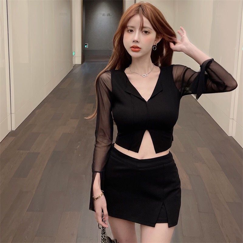 Red Keinginan murni hot girl mesh lengan panjang splicing chic top kemeja kecil dengan rasa desain gaya asing t-shirt pendek v-neck wanita pasang ins