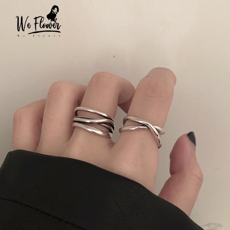 We Flower 2 Pcs Minimalis Retro Perak Garis Silang Terbuka Cincin Set Untuk Wanita Pria Unisex Fashion Jari Manset Cincin Perhiasan