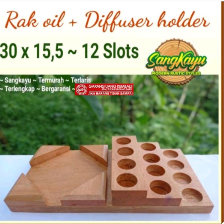 Rak oil kayu 30x15cm 12 slot essential oil air humidi diffuser holder || Rak essential || rak oil yo