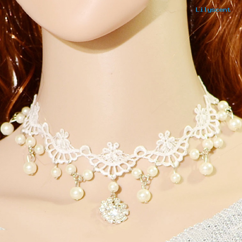 Ls Kalung Hollow Mudah Dipakai Mutiara Imitasi Faux Pearl Sexy Gaya Rock Lace Choker Untuk Kehidupan Sehari-Hari