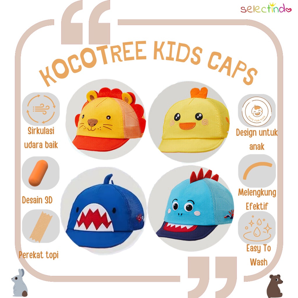 Topi Anak  Animasi Hewan Kocotree / Kids Animal Baseball Cap Kocotree / Sinar UV / Topi anak-anak / Laki-laki dan perempuan / Unicorn / Hiu / Dinosaurus / Kelinci / Hats / Caps / Kids