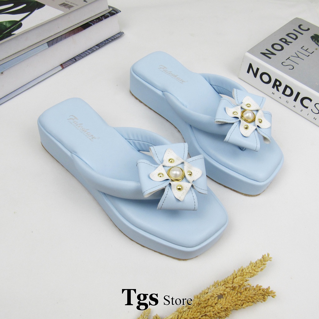 Sandal Jepit Wedges Wanita Bunga Mutiara Kekinian JPM-01