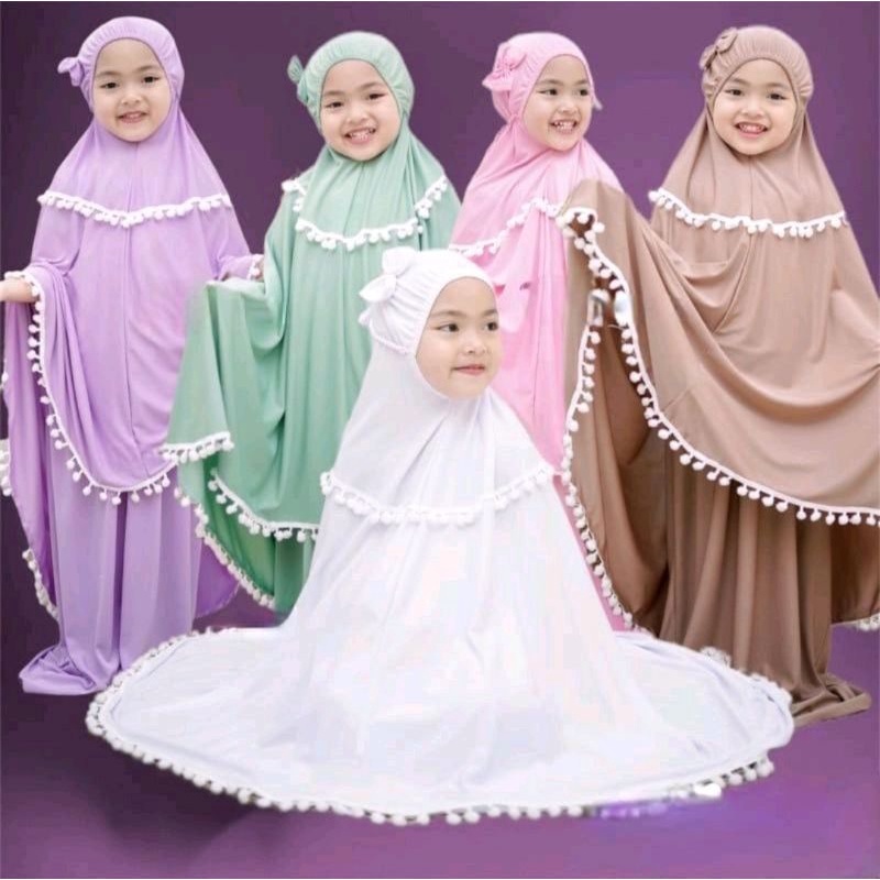 MUKENA ANAK 1 2 3 4 5 6 7 TAHUN JERSEY POM POM / MUKENA ANAK PITA RENDA