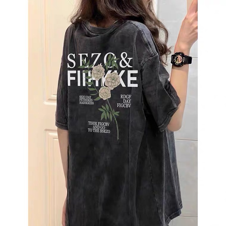 Kaos oversize hitam oversize lengan pendek Flower and Letter  Cartoon washed baju wanita  graphic print T-shirt/oversize tshirt/kaos hitam oversize wanita