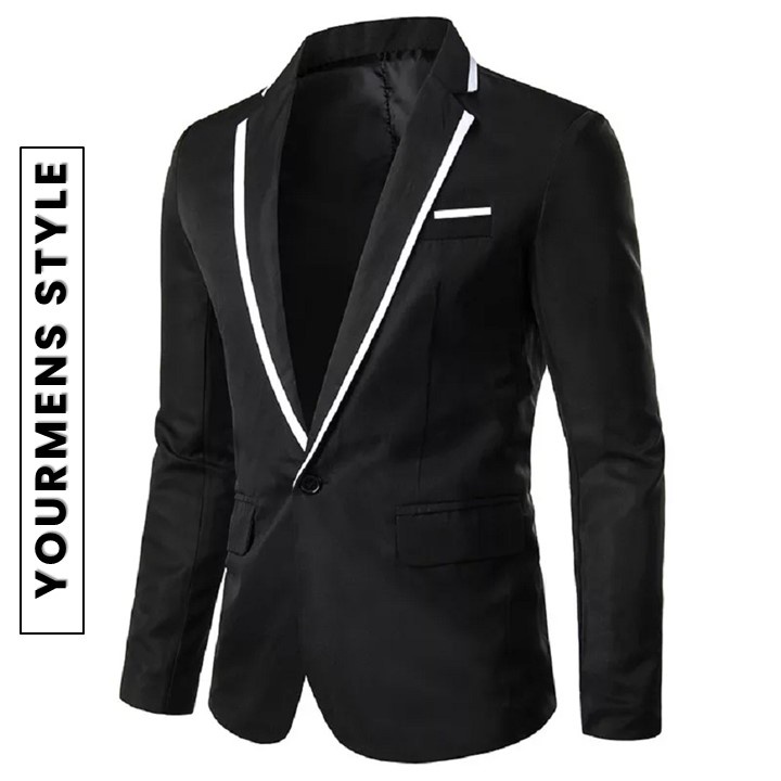 Blazer Slimfit Pria Warna Hitam List Putih di Kerah Bahan High Twist Original Nikayu Full Furing (Bisa COD)