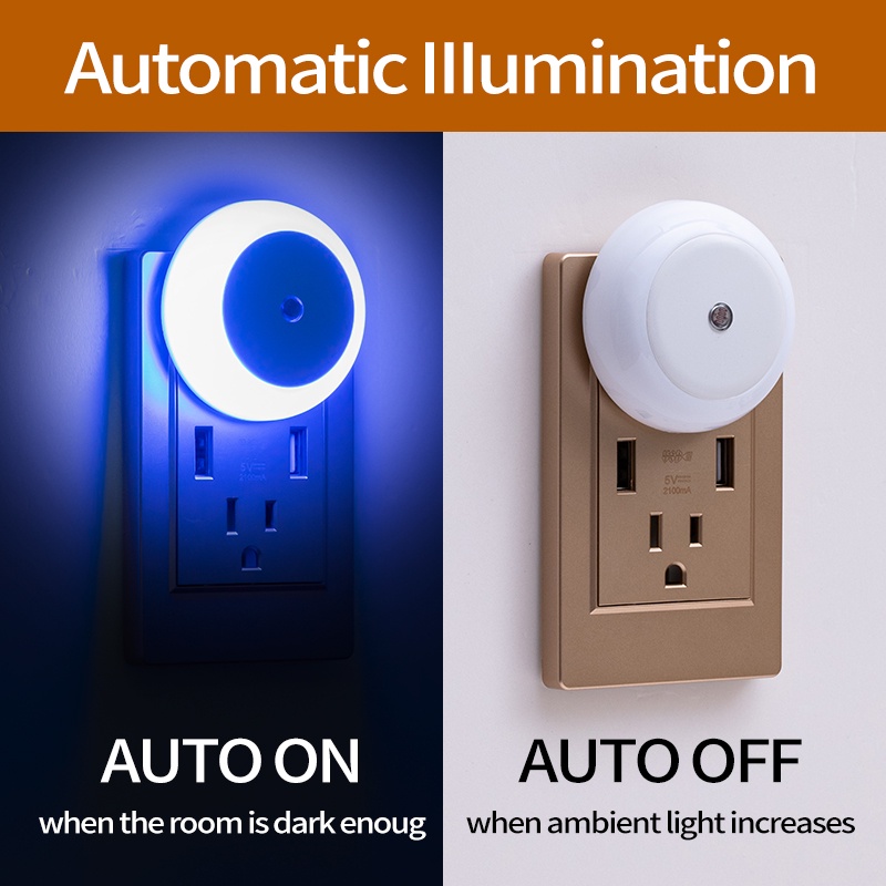 Us/eu Plug Round Light-sensitive Small Night Light/Saklar Otomatis Portabel Lampu Dinding Sangat Terang/Lampu Baca Darurat Asrama Rumah